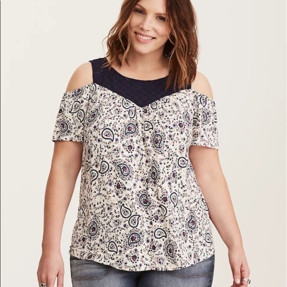 Torrid July 4th Colors Plus Size Paisley Print Eyelet Yoke Cold Shoulder Top